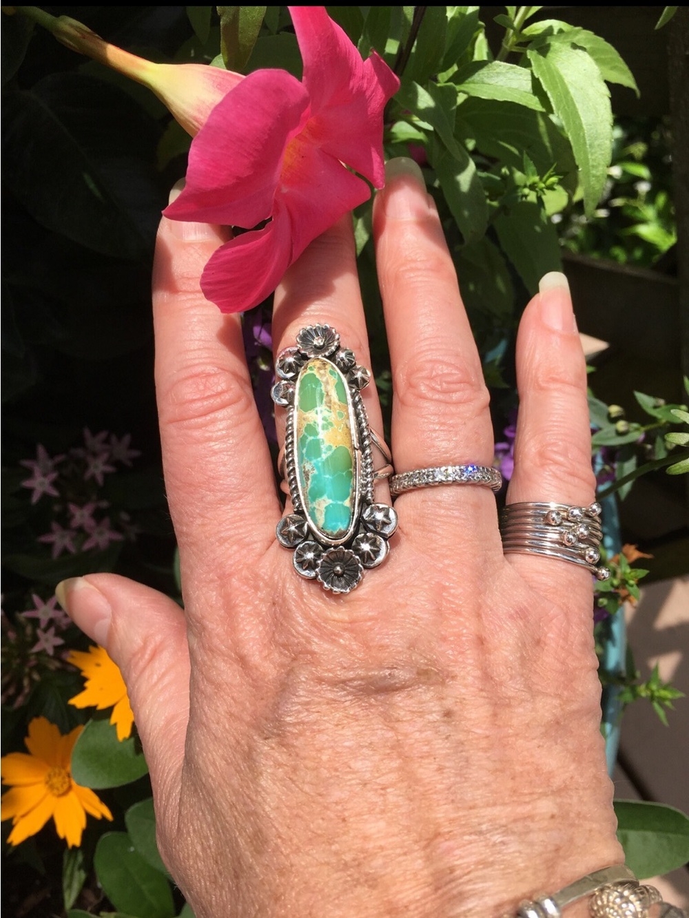 Long Vintage Native American Turquoise 925 Ring, Boho, Hippie, Southwestern